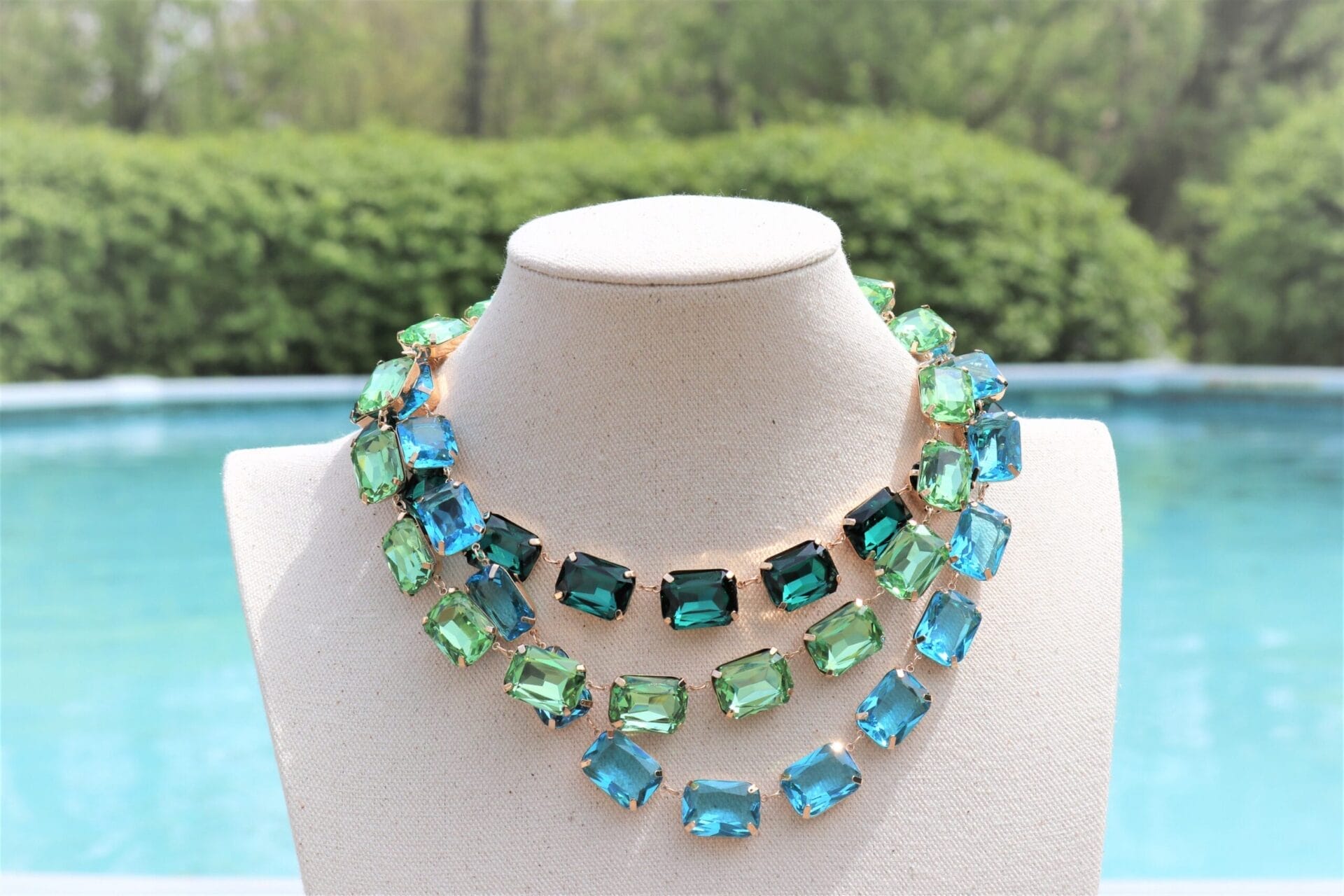 Emerald Green Necklace in Anna Wintour style with Peridot Green Aqua Blue, Amethyst Purple colors - Image 3