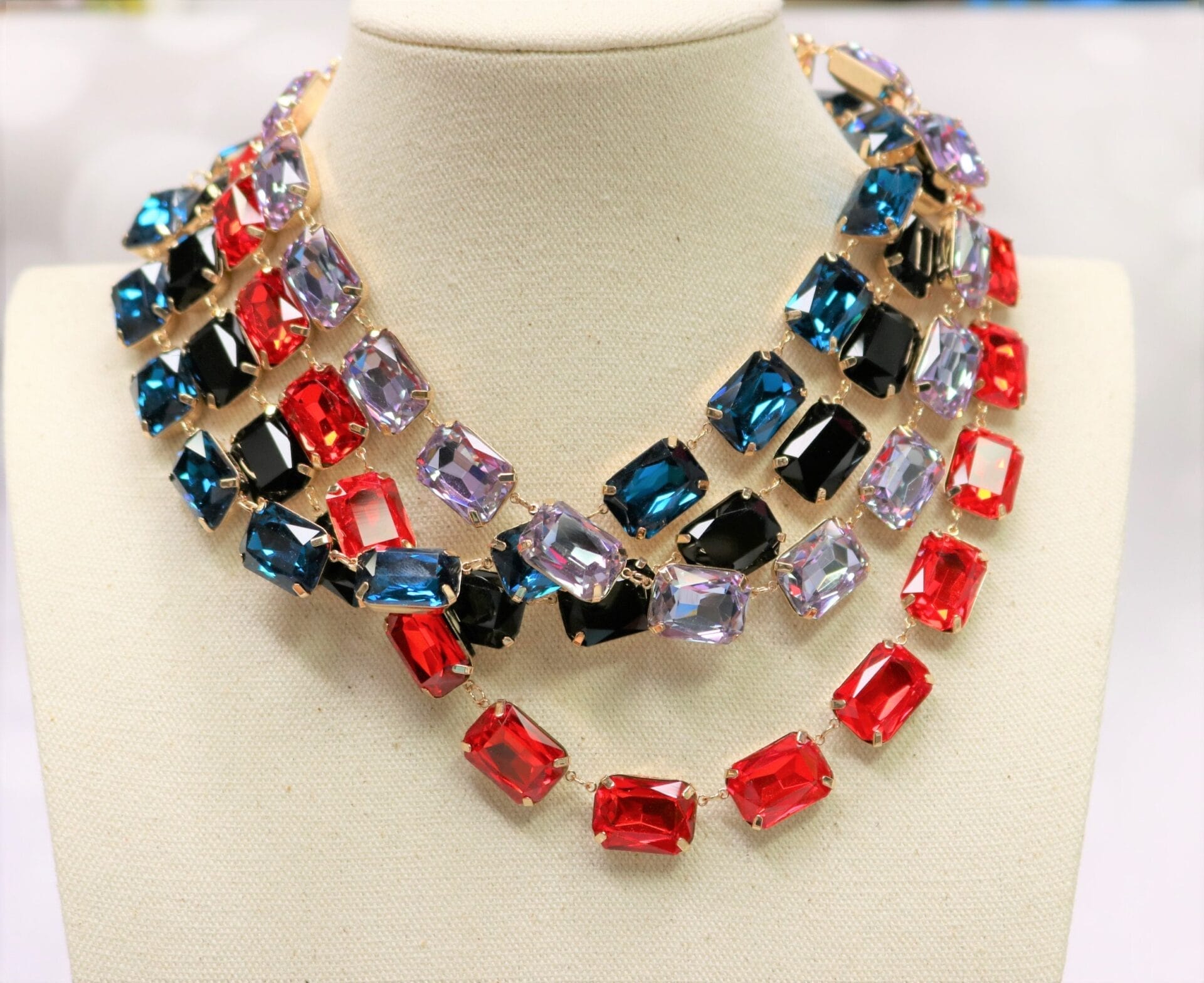 Anna Wintour necklaces in Red, Teal Blue, Purple and Black