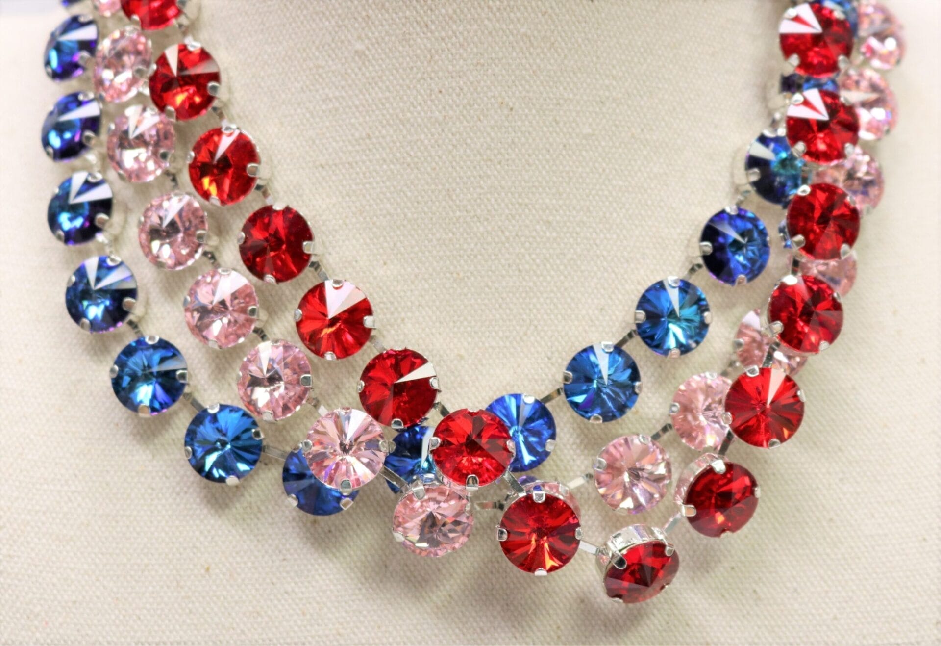 Red, Pink and Blue Rivoli Necklaces