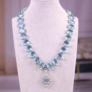 Pale Aqua Blue Teardrop Necklace with Pendant – Unfoiled Aquamarine Crystal Choker with Clear Rhinestones – Vintage-Inspired Bridal Statement Jewelry