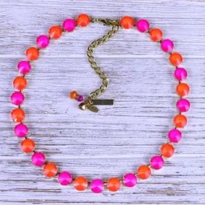 Neon Hot Pink and Orange Rivoli Crystal Necklace – Bold 12mm Round Statement Choker – Colorful Handmade Jewelry in Gold or Silver Finish