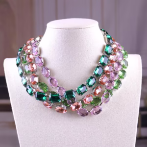 Anna Wintour Style Necklace – Emerald Green, Peridot, Pale Pink & Peach Crystal Statement Jewelry