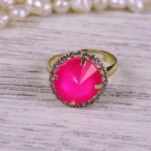 Hot Pink ring in neon fuschia round Rivoli Adjustable