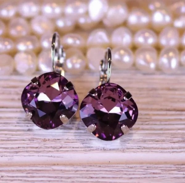 Vintage-style purple crystal earrings featuring light amethyst, plum, and grape colored stones in cushion, diamond, and Asscher cuts set in a Georgian-Victorian design – perfect for bridal and wedding wear.