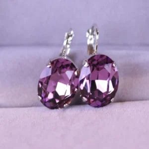 Purple Oval Crystal Drop Earrings – Plum & Light Amethyst Georgian Style in Gold