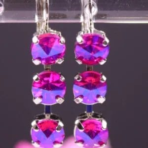 Hot Pink Earrings in Rivoli Round Leverbacks With triple set of AB Blue crystals