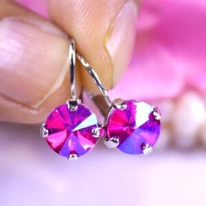 Hot Pink Earrings in Rivoli Round Leverbacks With AB Blue crystals