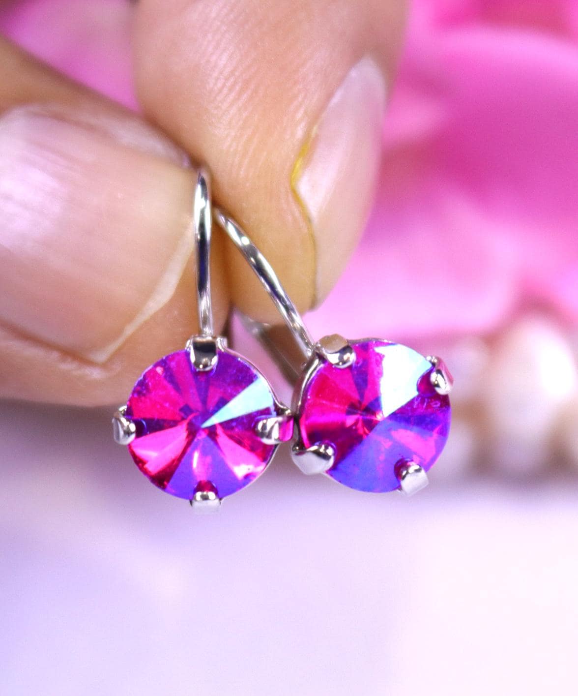 fuchsia AB round crystal earrings