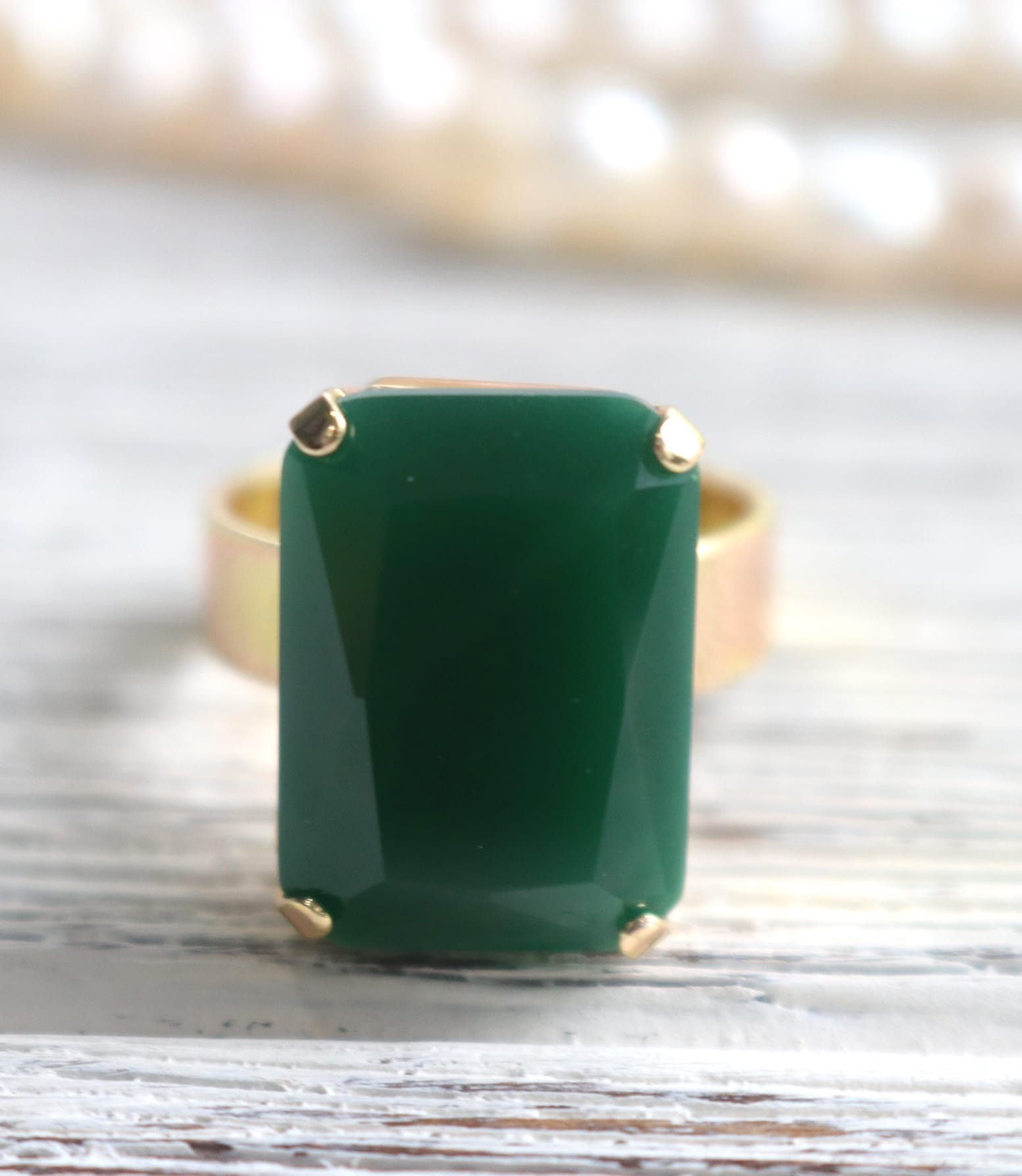 Emerald Green Ring Octagon Matte Dark Green in Silver and Gold