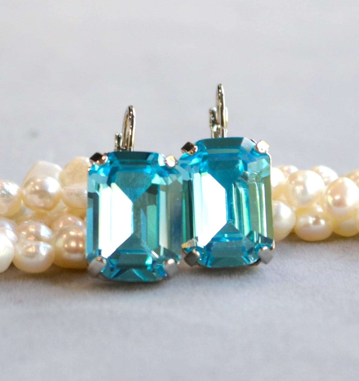Aqua Blue Aquamarine Earrings - adjustable Octagon Austrian crystals