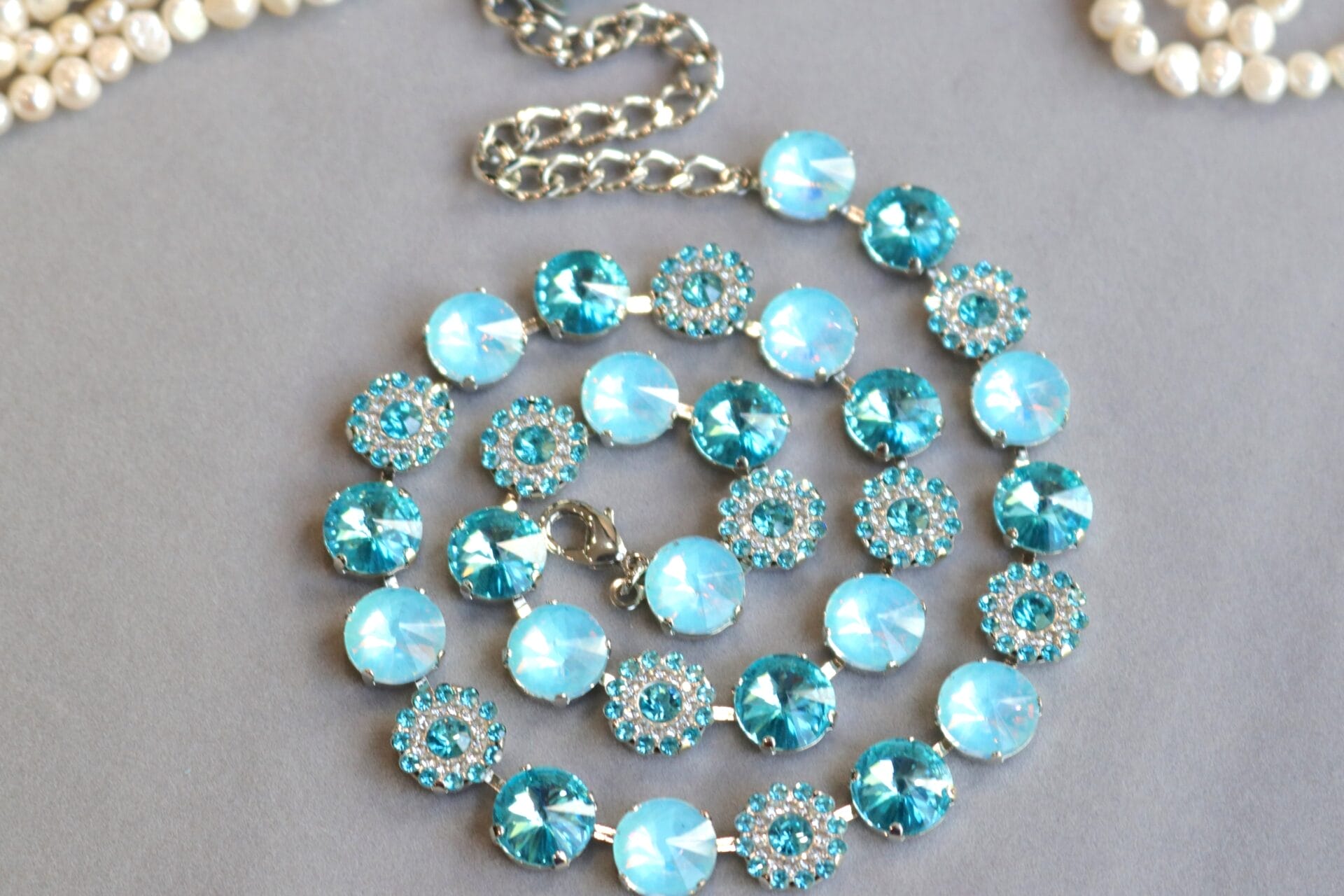 Aqua crystal and rhinestone necklace for prom and weddings