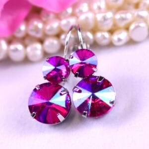 Hot Pink Earrings in Rivoli Round Leverbacks With AB Blue crystals