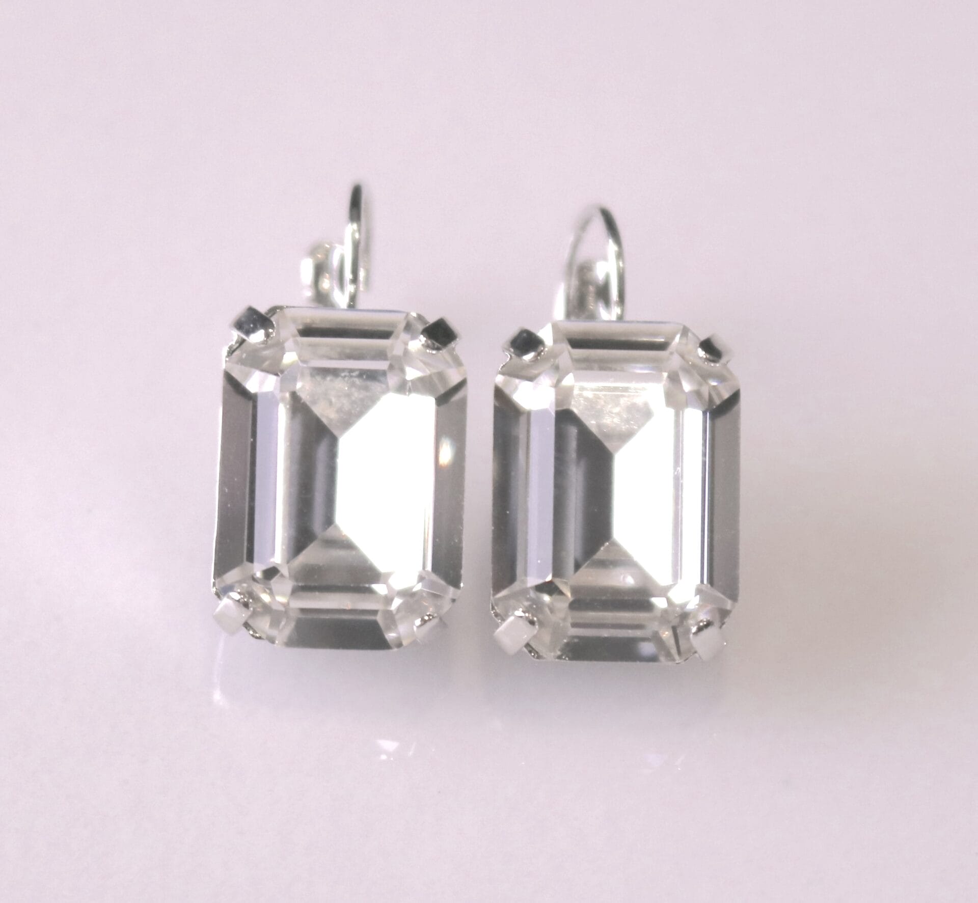 Clear White Earrings with Austrian Crystals in Octagon Leverbacks
