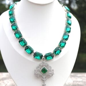 Emerald Necklace with Pendant – Deep Green Octagon Austrian Crystals in Octagon Shape – Emerald Green Necklace