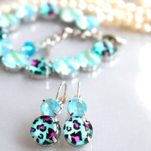 Leopard Print Bracelet – Turquoise Blue, Iridescent Aqua Blue and Animal Print Crystals
