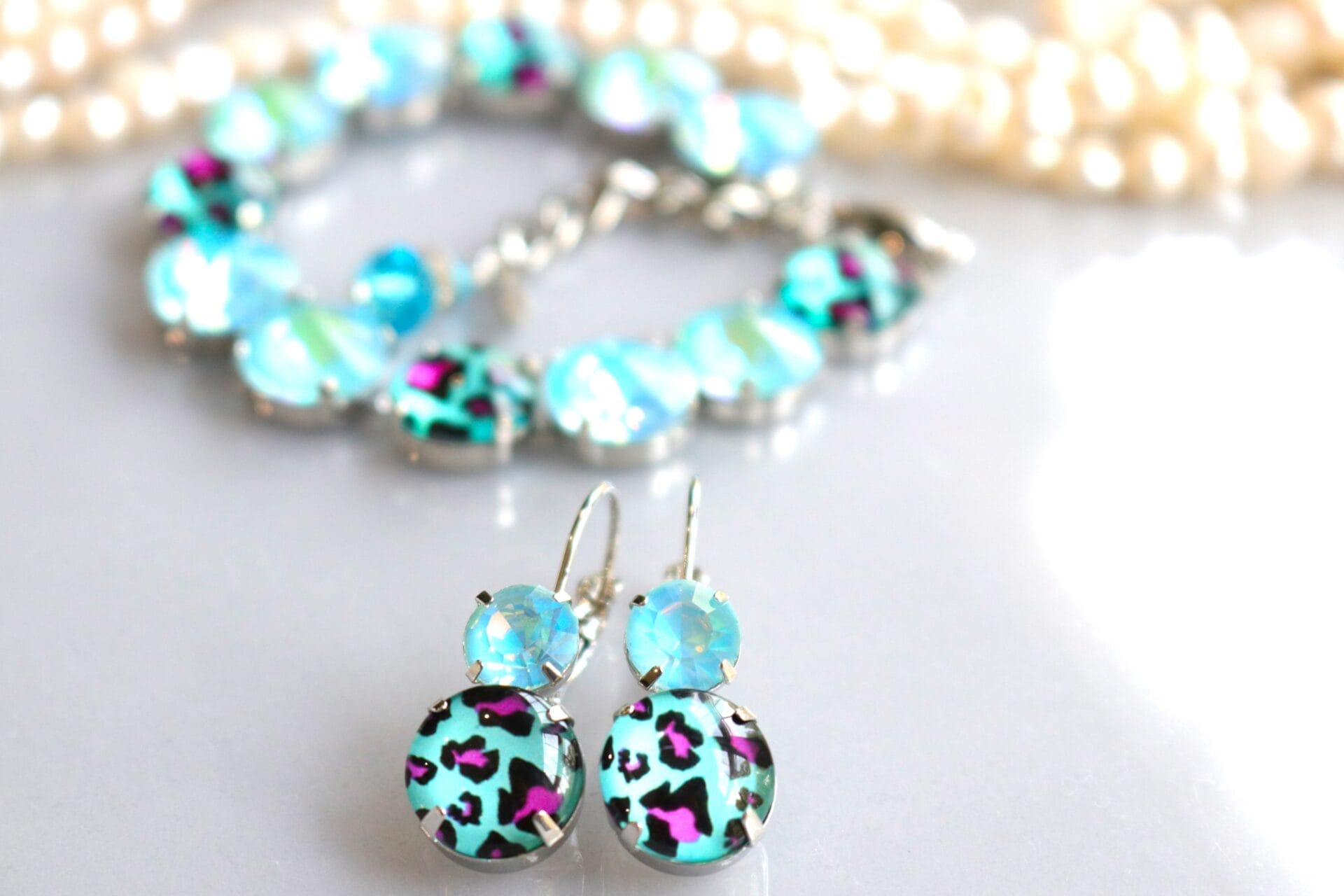 Turquoise Leopard Print and Aqua Blue Bracelet and earrings