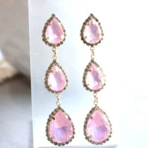 Pale Rose Pink Opal Drop Earrings with Rhinestones