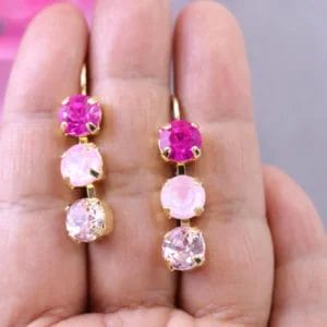Ombre Pink Earrings in triple drop Austrian Crystals hot pink, pale blush pink and rose opal pink