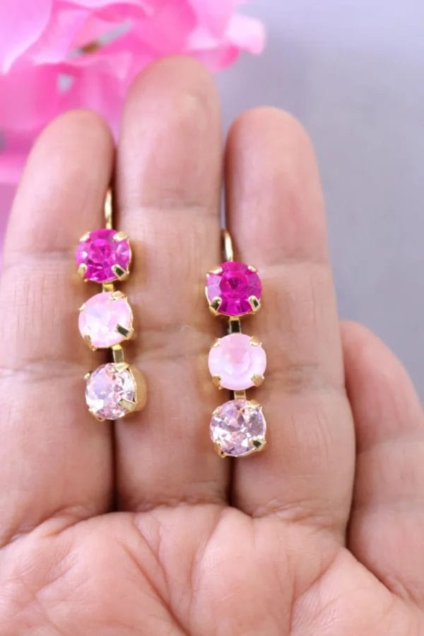 triple-drop earrings with hot pink, opal pink, and blush crystals