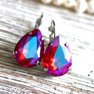 Hot Pink Earrings in Teardrop Leverbacks With AB Blue crystals