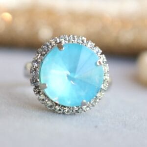Iridescent Opal Blue Halo Ring Rivoli Round Rhinestones and Crystals