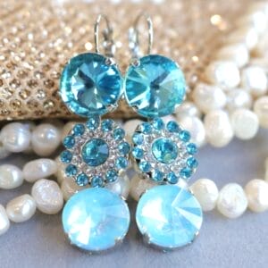 Aqua Blue Triple Drop Earrings – 12mm Crystals with Rhinestones in Leverbacks