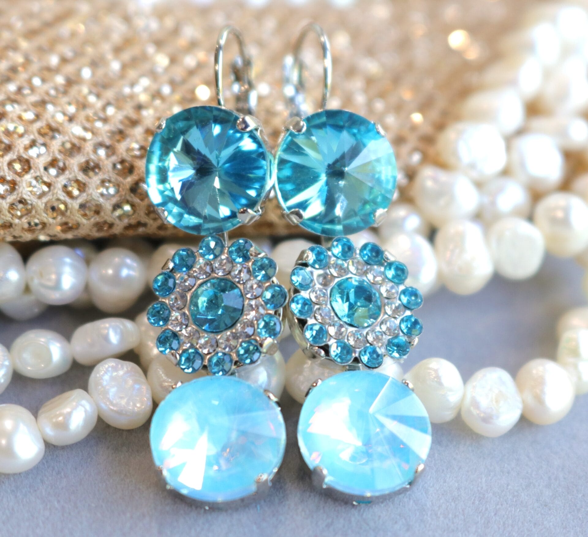 Aqua blue triple drop earrings with 12mm crystals and rhinestone halo
