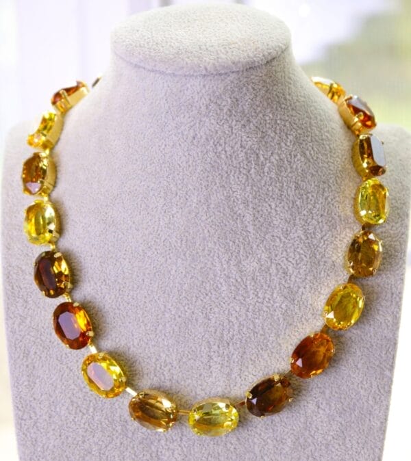 Fall colors necklace with amber and citrine oval crystals in gold